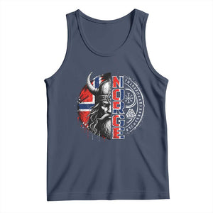 Fierce Norge Viking Warrior with Horned Helmet Graphic Tank Top Norway Pride Distressed Norwegian Flag and Runes TS02 Navy Print Your Wear
