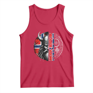 Fierce Norge Viking Warrior with Horned Helmet Graphic Tank Top Norway Pride Distressed Norwegian Flag and Runes TS02 Red Print Your Wear