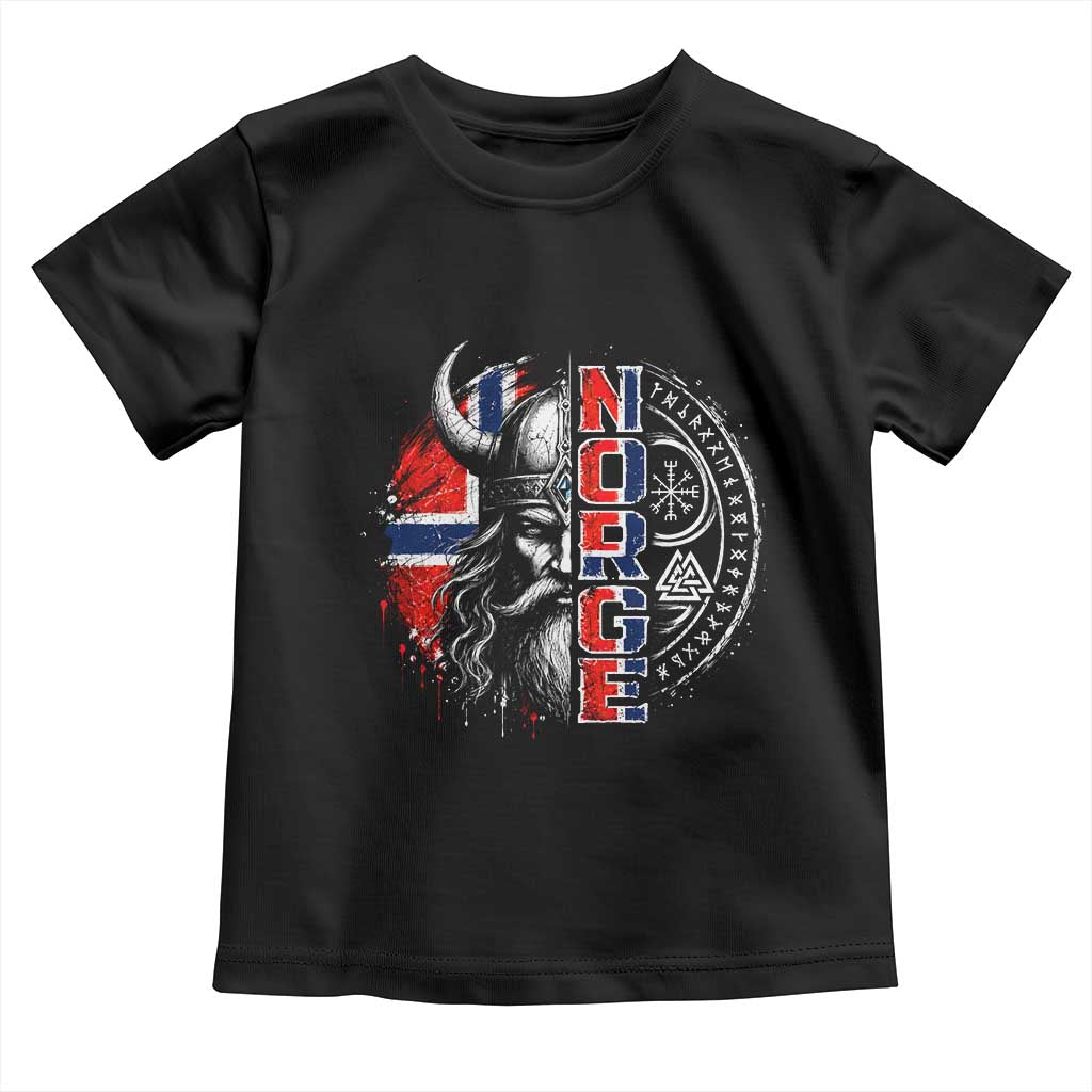 Fierce Norge Viking Warrior with Horned Helmet Graphic Toddler T Shirt Norway Pride Distressed Norwegian Flag and Runes TS02 Black Print Your Wear