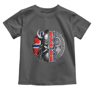 Fierce Norge Viking Warrior with Horned Helmet Graphic Toddler T Shirt Norway Pride Distressed Norwegian Flag and Runes TS02 Dark Heather Print Your Wear