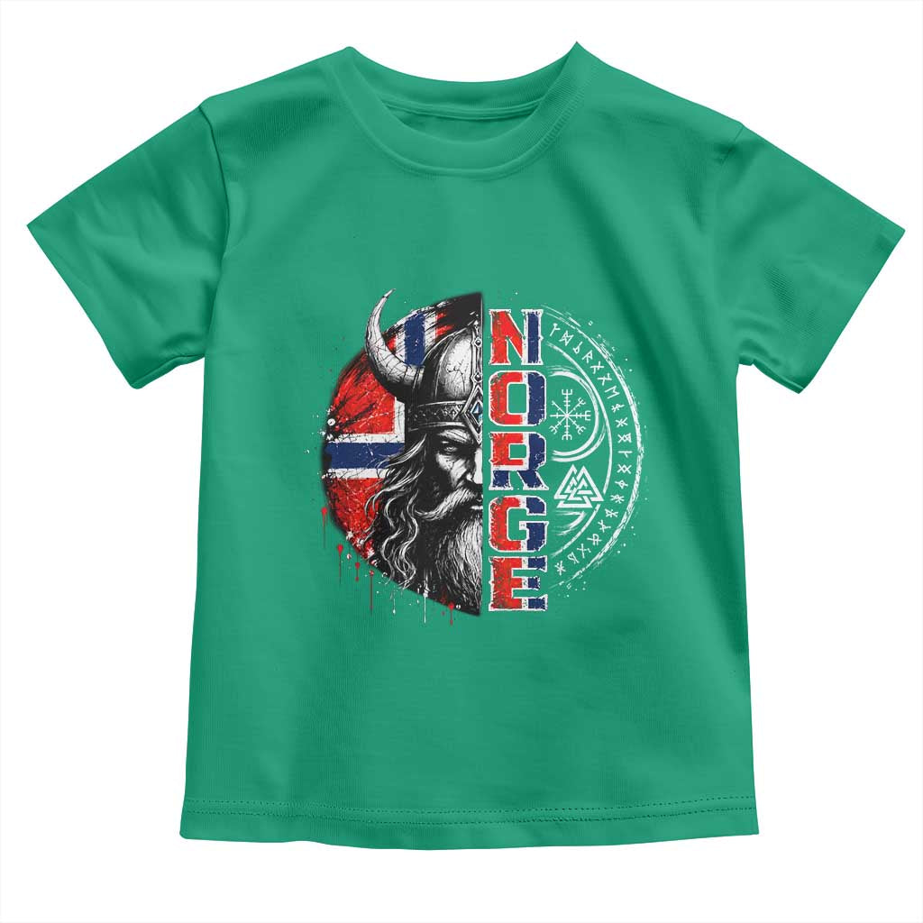 Fierce Norge Viking Warrior with Horned Helmet Graphic Toddler T Shirt Norway Pride Distressed Norwegian Flag and Runes TS02 Irish Green Print Your Wear