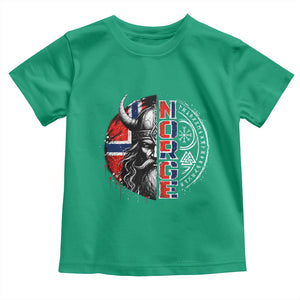 Fierce Norge Viking Warrior with Horned Helmet Graphic Toddler T Shirt Norway Pride Distressed Norwegian Flag and Runes TS02 Irish Green Print Your Wear