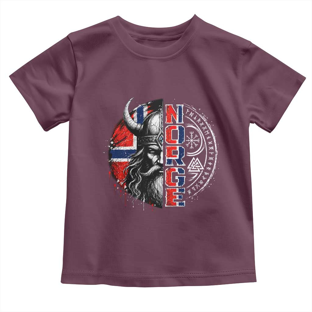 Fierce Norge Viking Warrior with Horned Helmet Graphic Toddler T Shirt Norway Pride Distressed Norwegian Flag and Runes TS02 Maroon Print Your Wear