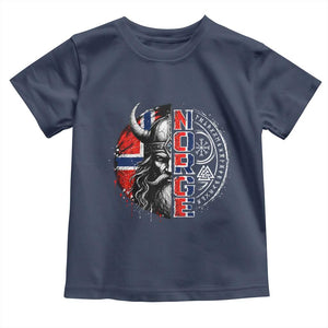 Fierce Norge Viking Warrior with Horned Helmet Graphic Toddler T Shirt Norway Pride Distressed Norwegian Flag and Runes TS02 Navy Print Your Wear