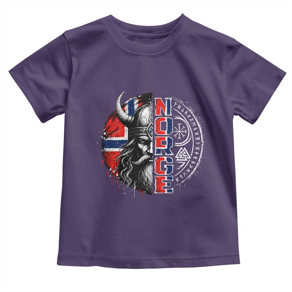 Fierce Norge Viking Warrior with Horned Helmet Graphic Toddler T Shirt Norway Pride Distressed Norwegian Flag and Runes TS02 Purple Print Your Wear