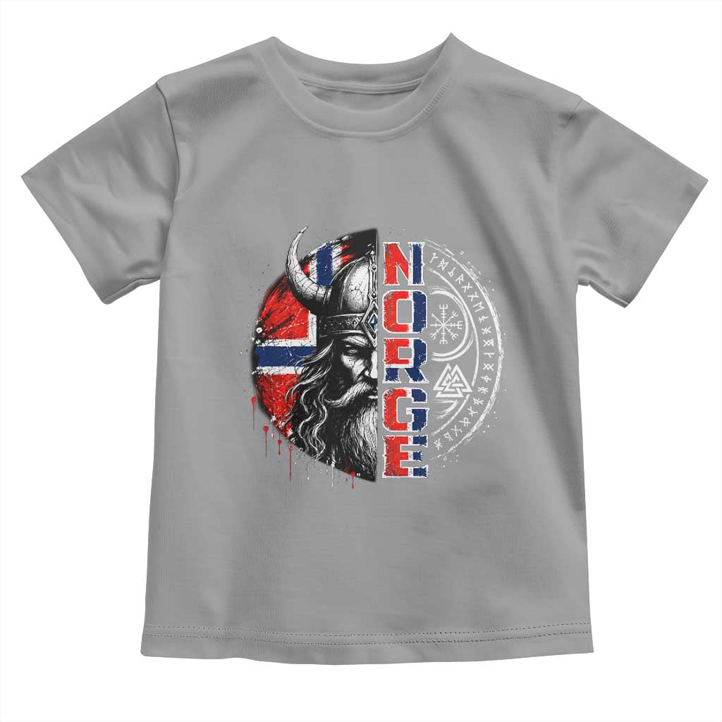 Fierce Norge Viking Warrior with Horned Helmet Graphic Toddler T Shirt Norway Pride Distressed Norwegian Flag and Runes TS02 Sport Gray Print Your Wear
