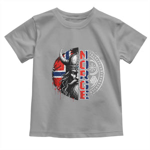 Fierce Norge Viking Warrior with Horned Helmet Graphic Toddler T Shirt Norway Pride Distressed Norwegian Flag and Runes TS02 Sport Gray Print Your Wear
