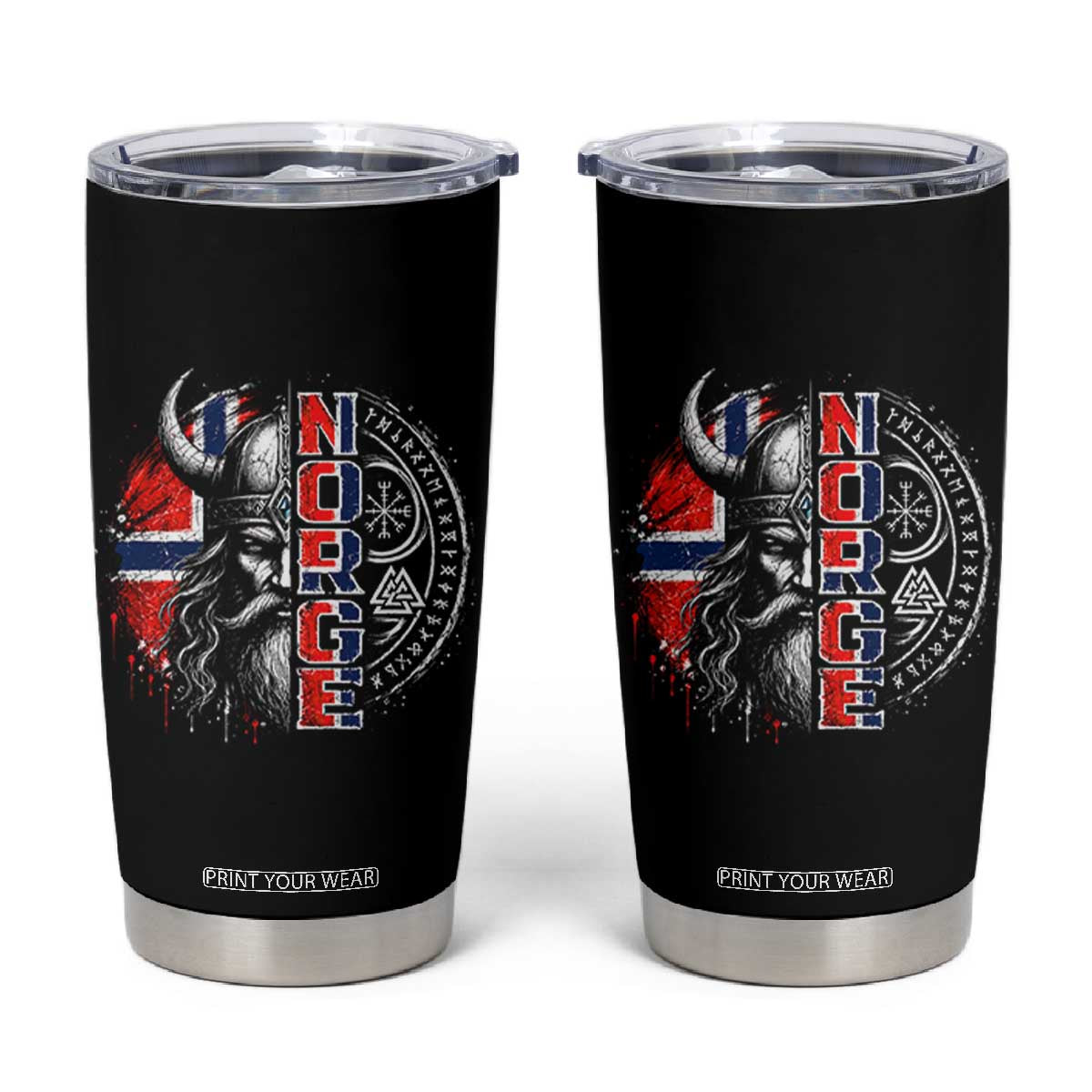 Fierce Norge Viking Warrior with Horned Helmet Graphic Tumbler Cup Norway Pride Distressed Norwegian Flag and Runes TS02 Black Print Your Wear