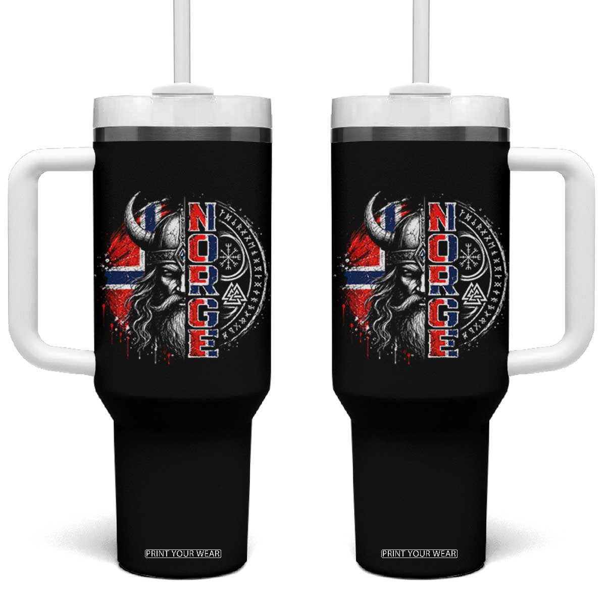Fierce Norge Viking Warrior with Horned Helmet Graphic Tumbler With Handle Norway Pride Distressed Norwegian Flag and Runes TS02 One Size: 40 oz Black Print Your Wear