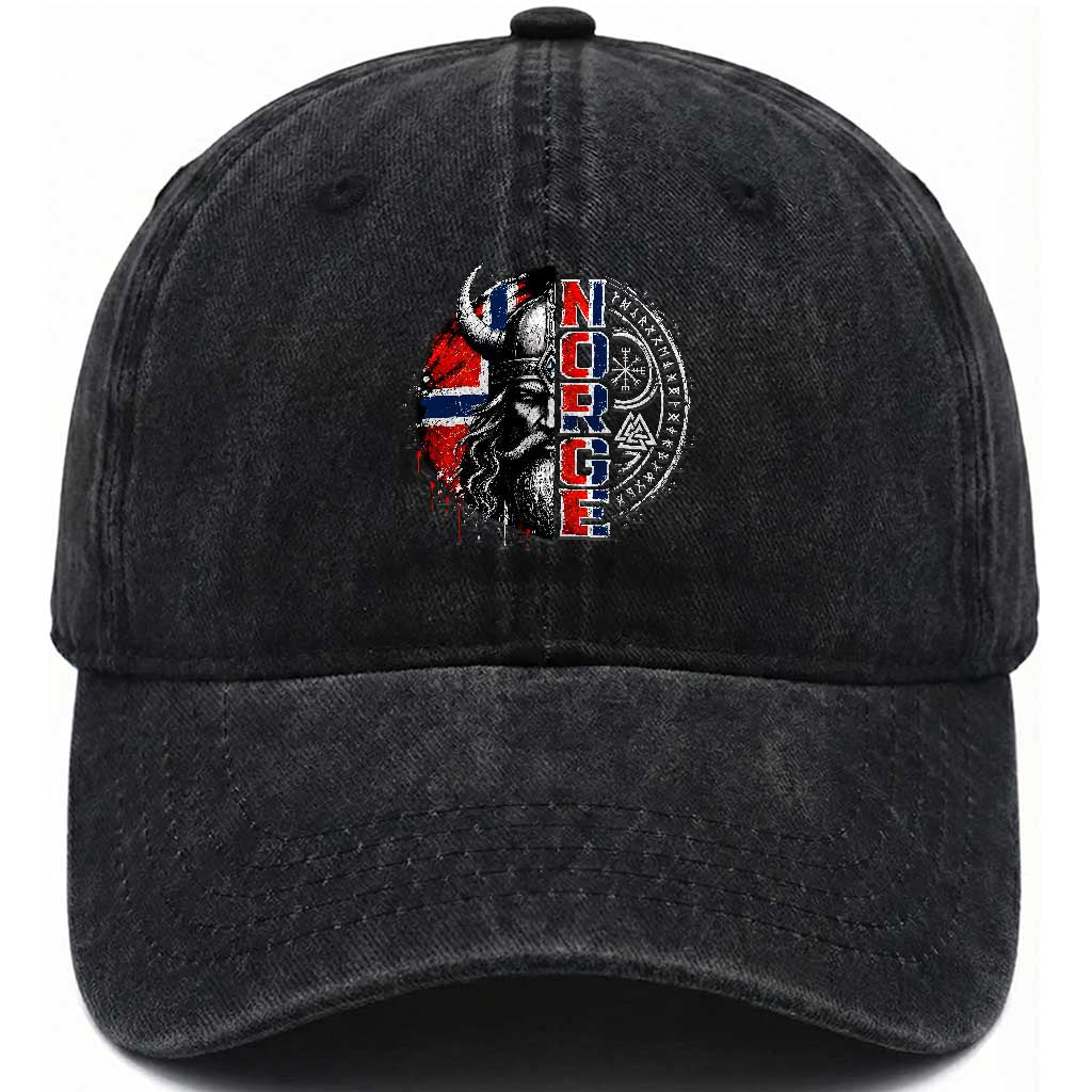 Fierce Norge Viking Warrior with Horned Helmet Graphic Washed Cotton Baseball Cap Norway Pride Distressed Norwegian Flag and Runes TS02 Print Your Wear