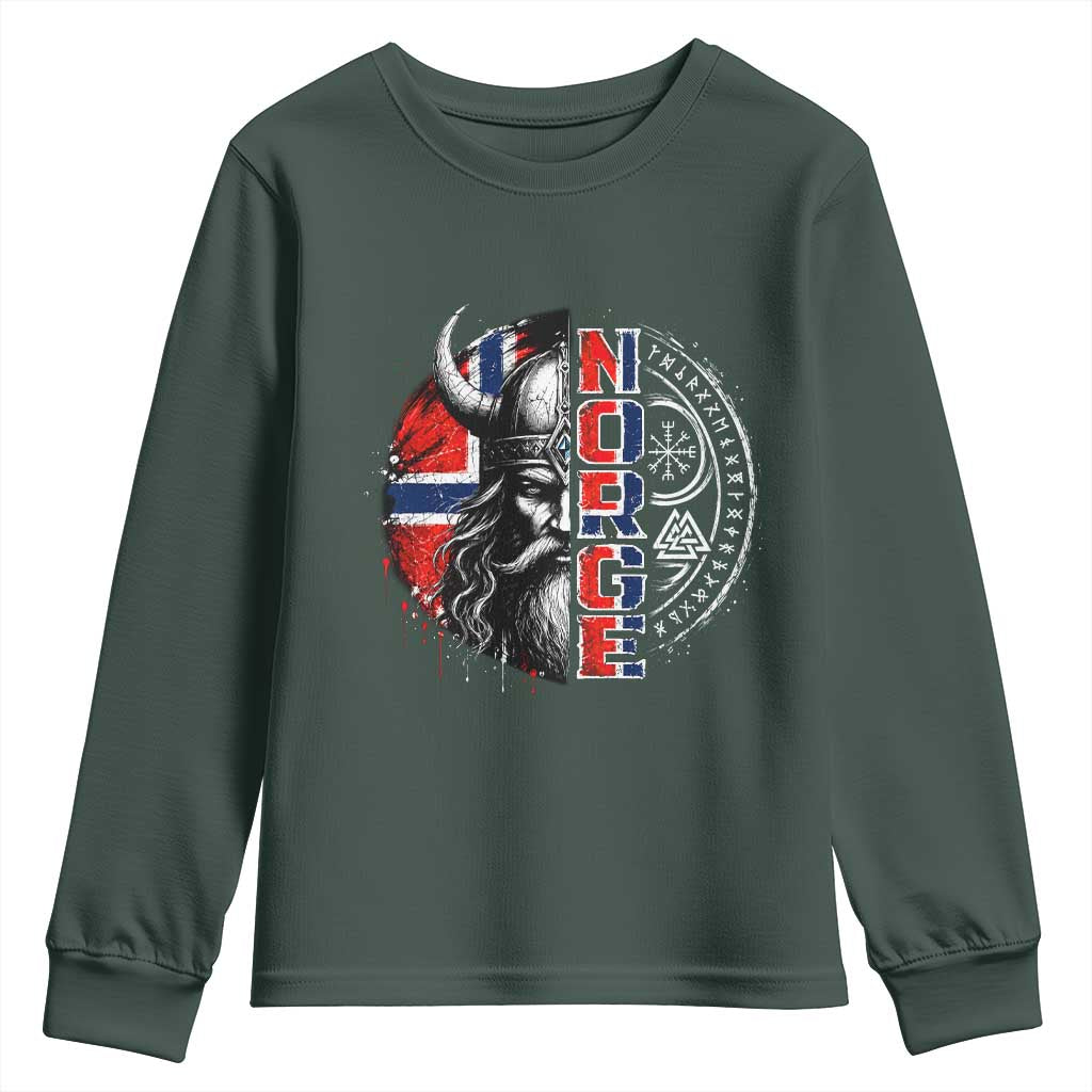 Fierce Norge Viking Warrior with Horned Helmet Graphic Youth Sweatshirt Norway Pride Distressed Norwegian Flag and Runes TS02 Dark Forest Green Print Your Wear