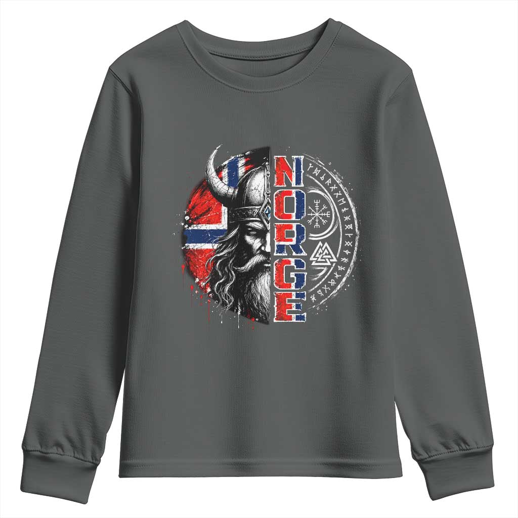 Fierce Norge Viking Warrior with Horned Helmet Graphic Youth Sweatshirt Norway Pride Distressed Norwegian Flag and Runes TS02 Dark Heather Print Your Wear