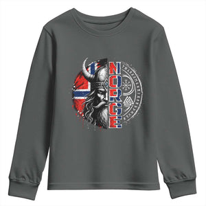 Fierce Norge Viking Warrior with Horned Helmet Graphic Youth Sweatshirt Norway Pride Distressed Norwegian Flag and Runes TS02 Dark Heather Print Your Wear