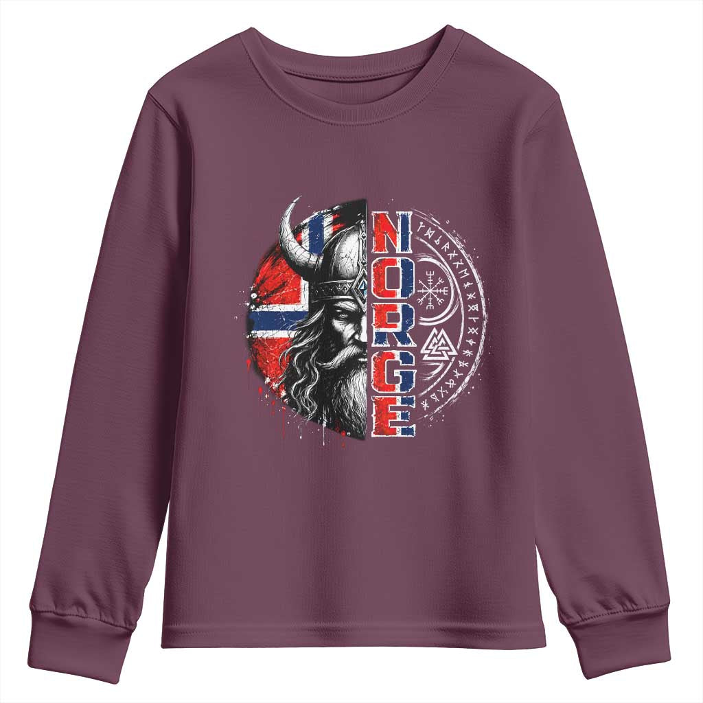 Fierce Norge Viking Warrior with Horned Helmet Graphic Youth Sweatshirt Norway Pride Distressed Norwegian Flag and Runes TS02 Maroon Print Your Wear