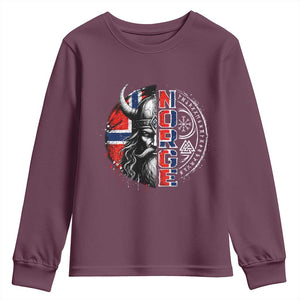 Fierce Norge Viking Warrior with Horned Helmet Graphic Youth Sweatshirt Norway Pride Distressed Norwegian Flag and Runes TS02 Maroon Print Your Wear
