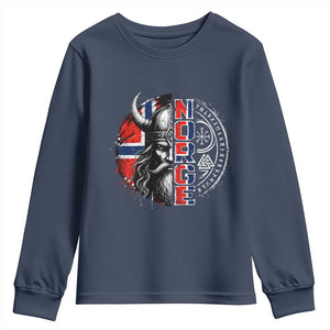 Fierce Norge Viking Warrior with Horned Helmet Graphic Youth Sweatshirt Norway Pride Distressed Norwegian Flag and Runes TS02 Navy Print Your Wear
