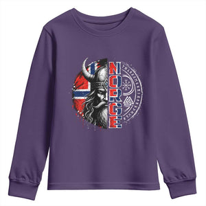 Fierce Norge Viking Warrior with Horned Helmet Graphic Youth Sweatshirt Norway Pride Distressed Norwegian Flag and Runes TS02 Purple Print Your Wear
