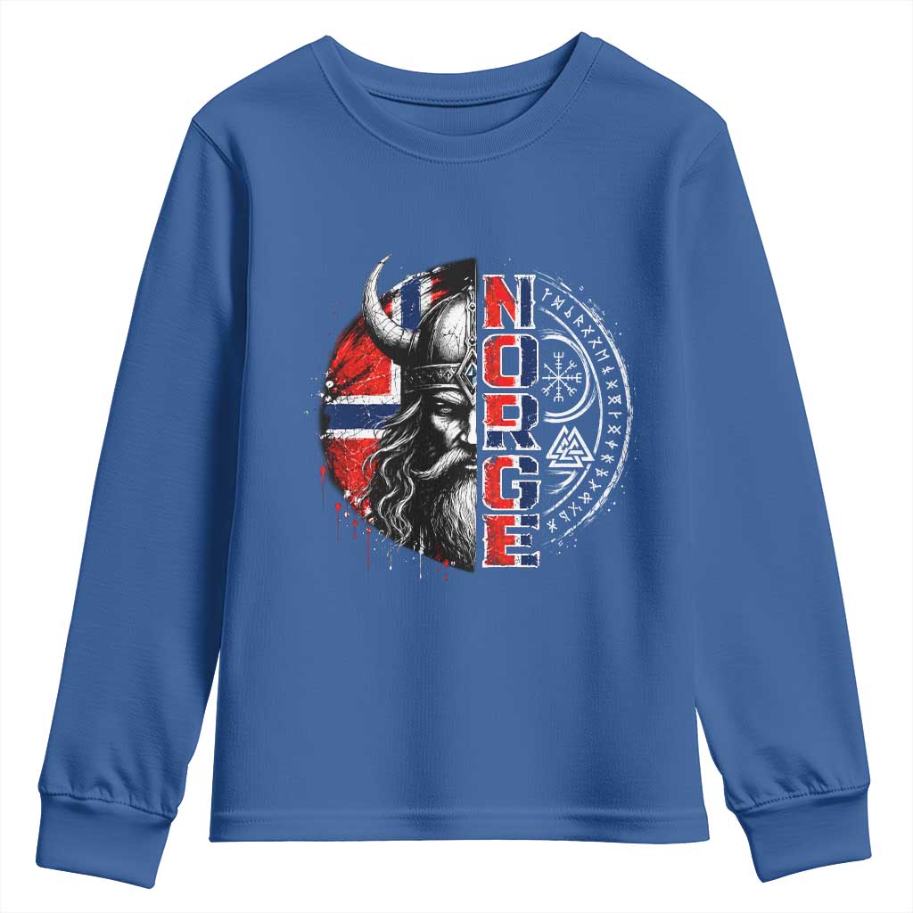 Fierce Norge Viking Warrior with Horned Helmet Graphic Youth Sweatshirt Norway Pride Distressed Norwegian Flag and Runes TS02 Royal Blue Print Your Wear