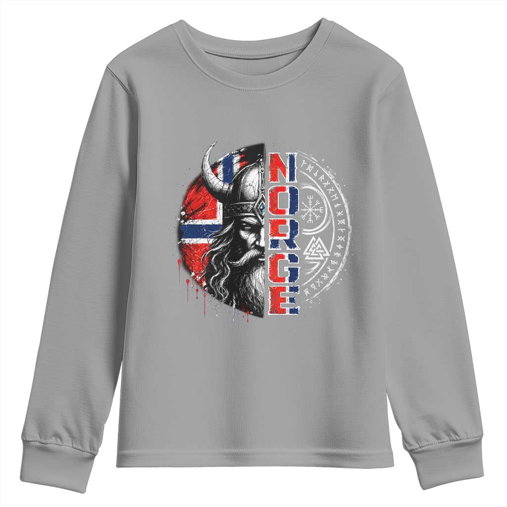 Fierce Norge Viking Warrior with Horned Helmet Graphic Youth Sweatshirt Norway Pride Distressed Norwegian Flag and Runes TS02 Sport Gray Print Your Wear
