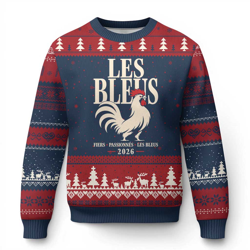 Les Bleus France Soccer Retro Rooster Graphic Ugly Christmas Sweater Proud Passionate French Pride Vintage Football Fans Gear TS02 Navy Red Print Your Wear