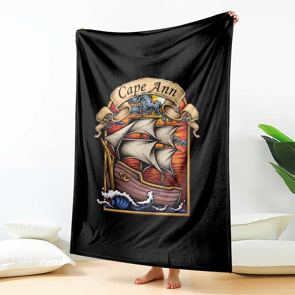 Cape Ann Vintage Nautical Sailing Ship Graphic Throw Blanket Retro Stained Glass Window Style Ocean Sunset Tall Ship