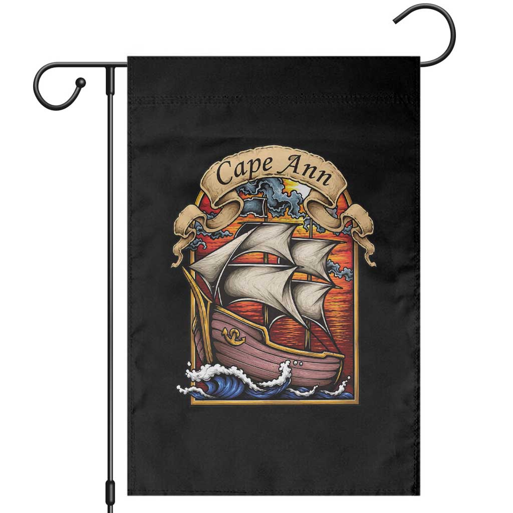 Cape Ann Vintage Nautical Sailing Ship Graphic Garden Flag Retro Stained Glass Window Style Ocean Sunset Tall Ship TS02 Black Print Your Wear
