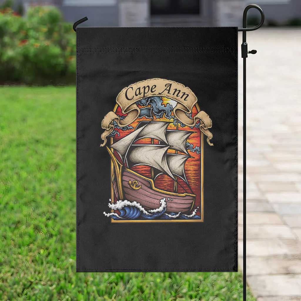 Cape Ann Vintage Nautical Sailing Ship Graphic Garden Flag Retro Stained Glass Window Style Ocean Sunset Tall Ship