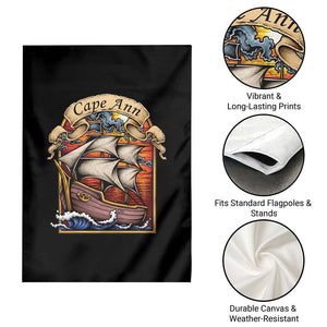 Cape Ann Vintage Nautical Sailing Ship Graphic Garden Flag Retro Stained Glass Window Style Ocean Sunset Tall Ship