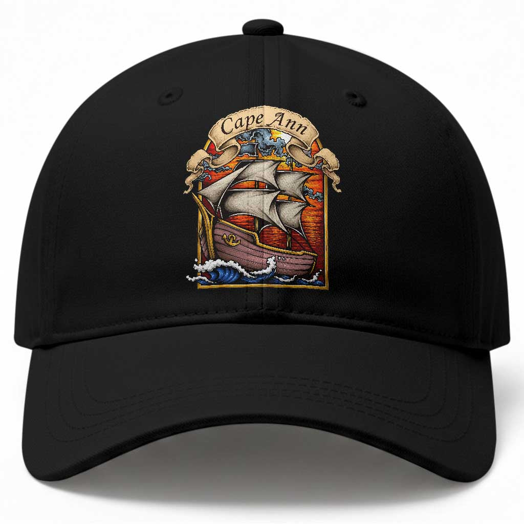 Cape Ann Vintage Nautical Sailing Ship Graphic Baseball Cap Retro Stained Glass Window Style Ocean Sunset Tall Ship TS02 Print Your Wear