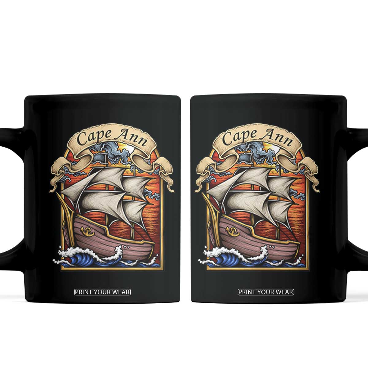Cape Ann Vintage Nautical Sailing Ship Graphic Coffee Mug Retro Stained Glass Window Style Ocean Sunset Tall Ship TS02 Black Print Your Wear