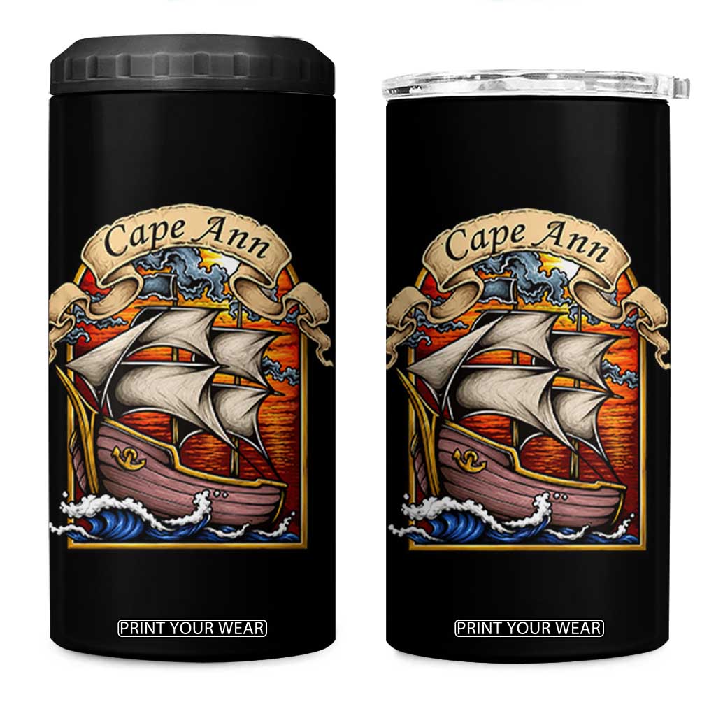 Cape Ann Vintage Nautical Sailing Ship Graphic 4 in 1 Can Cooler Tumbler Retro Stained Glass Window Style Ocean Sunset Tall Ship TS02 One Size: 16 oz Black Print Your Wear