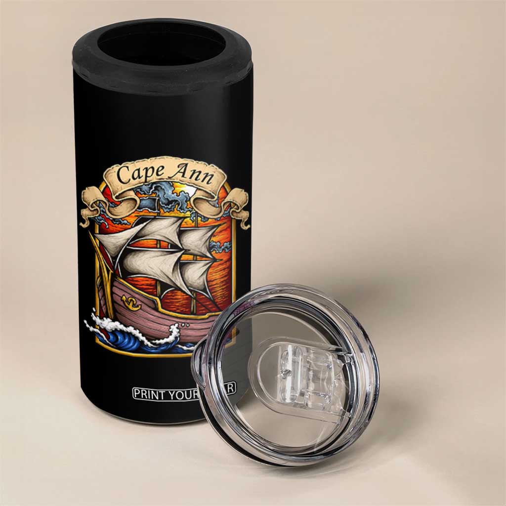 Cape Ann Vintage Nautical Sailing Ship Graphic 4 in 1 Can Cooler Tumbler Retro Stained Glass Window Style Ocean Sunset Tall Ship