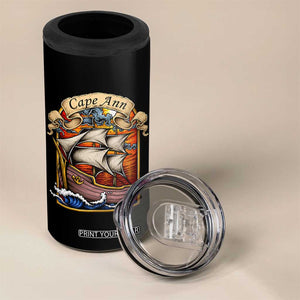 Cape Ann Vintage Nautical Sailing Ship Graphic 4 in 1 Can Cooler Tumbler Retro Stained Glass Window Style Ocean Sunset Tall Ship