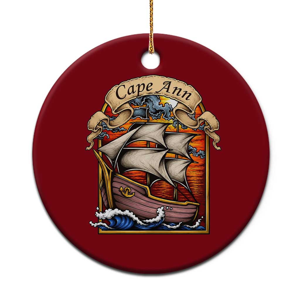 Cape Ann Vintage Nautical Sailing Ship Graphic Ceramic Ornament Retro Stained Glass Window Style Ocean Sunset Tall Ship