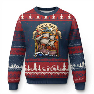 Cape Ann Vintage Nautical Sailing Ship Graphic Ugly Christmas Sweater Retro Stained Glass Window Style Ocean Sunset Tall Ship