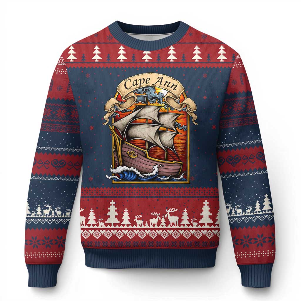 Cape Ann Vintage Nautical Sailing Ship Graphic Ugly Christmas Sweater Retro Stained Glass Window Style Ocean Sunset Tall Ship TS02 Navy Red Print Your Wear