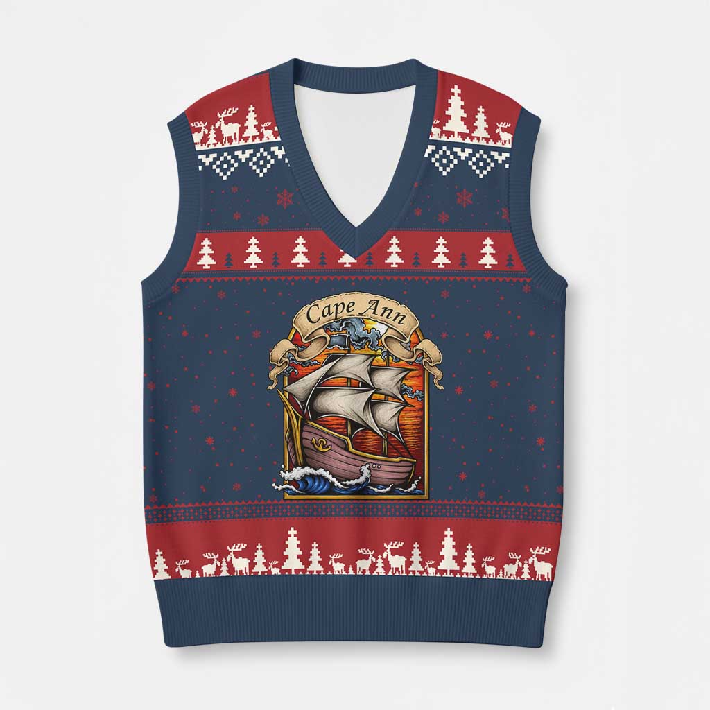 Cape Ann Vintage Nautical Sailing Ship Graphic V-Neck Knit Sweater Vest Retro Stained Glass Window Style Ocean Sunset Tall Ship