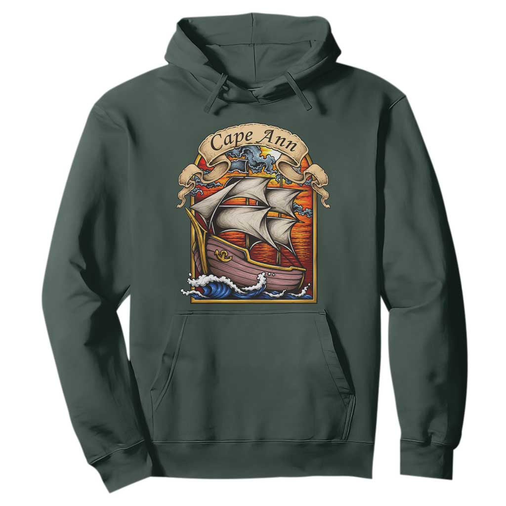 Cape Ann Vintage Nautical Sailing Ship Graphic Hoodie Retro Stained Glass Window Style Ocean Sunset Tall Ship