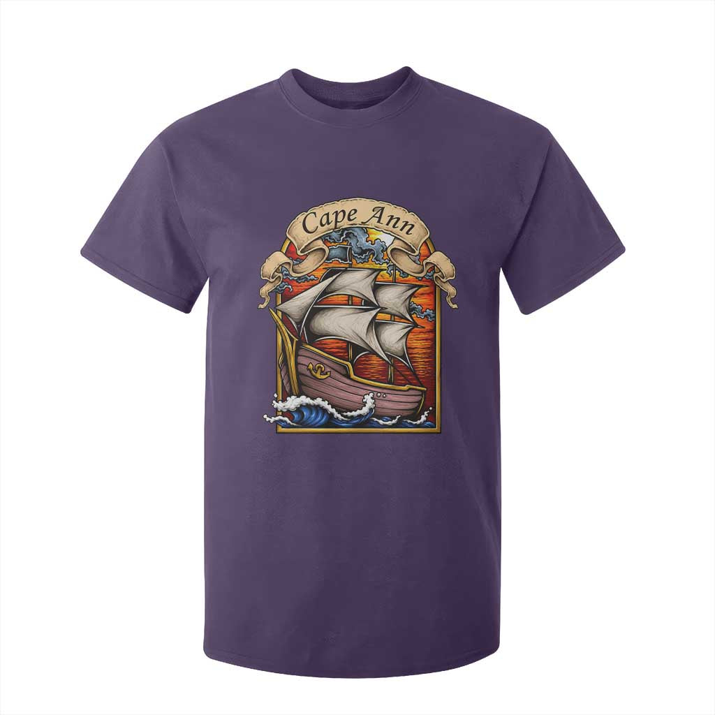 Cape Ann Vintage Nautical Sailing Ship Graphic T Shirt For Kid Retro Stained Glass Window Style Ocean Sunset Tall Ship