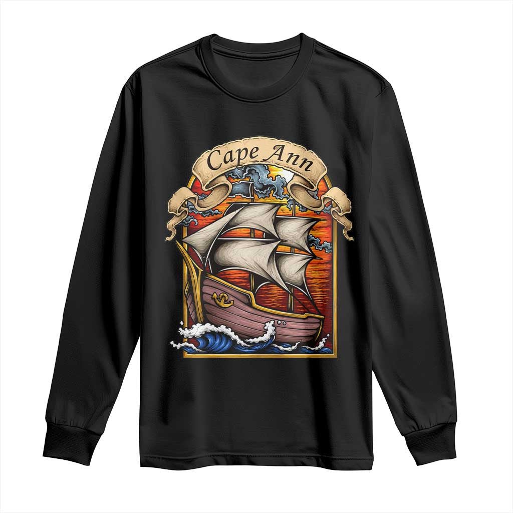 Cape Ann Vintage Nautical Sailing Ship Graphic Long Sleeve Shirt Retro Stained Glass Window Style Ocean Sunset Tall Ship