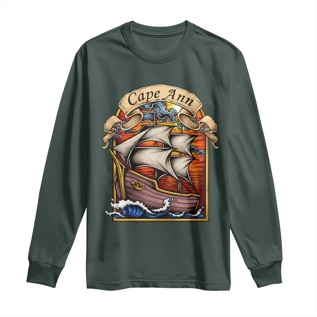 Cape Ann Vintage Nautical Sailing Ship Graphic Long Sleeve Shirt Retro Stained Glass Window Style Ocean Sunset Tall Ship