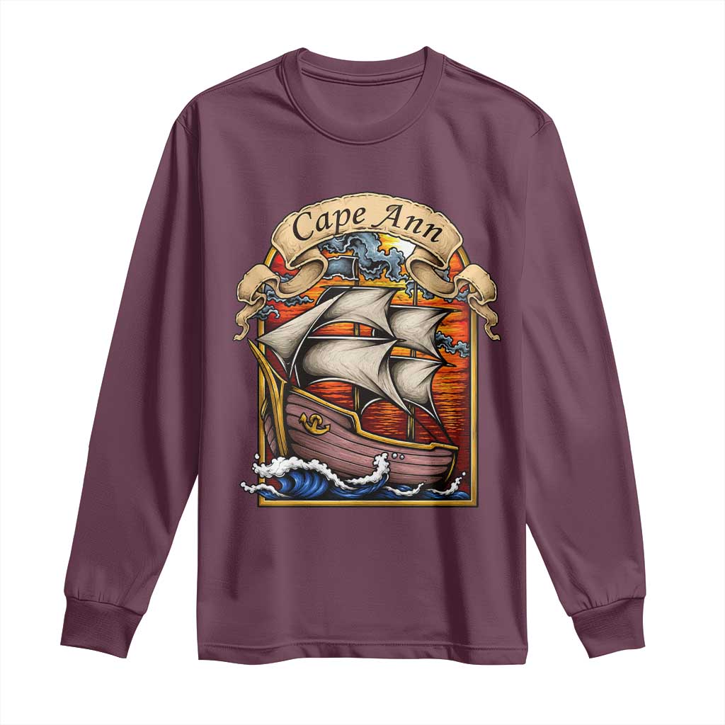 Cape Ann Vintage Nautical Sailing Ship Graphic Long Sleeve Shirt Retro Stained Glass Window Style Ocean Sunset Tall Ship