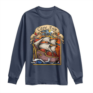 Cape Ann Vintage Nautical Sailing Ship Graphic Long Sleeve Shirt Retro Stained Glass Window Style Ocean Sunset Tall Ship