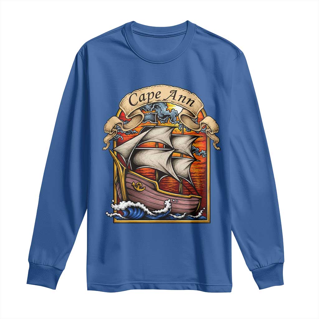 Cape Ann Vintage Nautical Sailing Ship Graphic Long Sleeve Shirt Retro Stained Glass Window Style Ocean Sunset Tall Ship