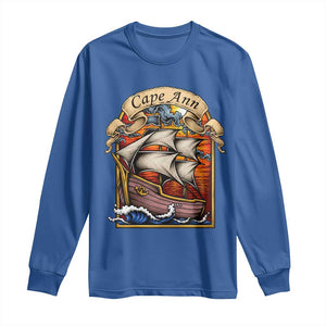 Cape Ann Vintage Nautical Sailing Ship Graphic Long Sleeve Shirt Retro Stained Glass Window Style Ocean Sunset Tall Ship