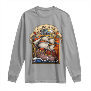 Cape Ann Vintage Nautical Sailing Ship Graphic Long Sleeve Shirt Retro Stained Glass Window Style Ocean Sunset Tall Ship