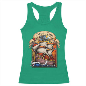Cape Ann Vintage Nautical Sailing Ship Graphic Racerback Tank Top Retro Stained Glass Window Style Ocean Sunset Tall Ship