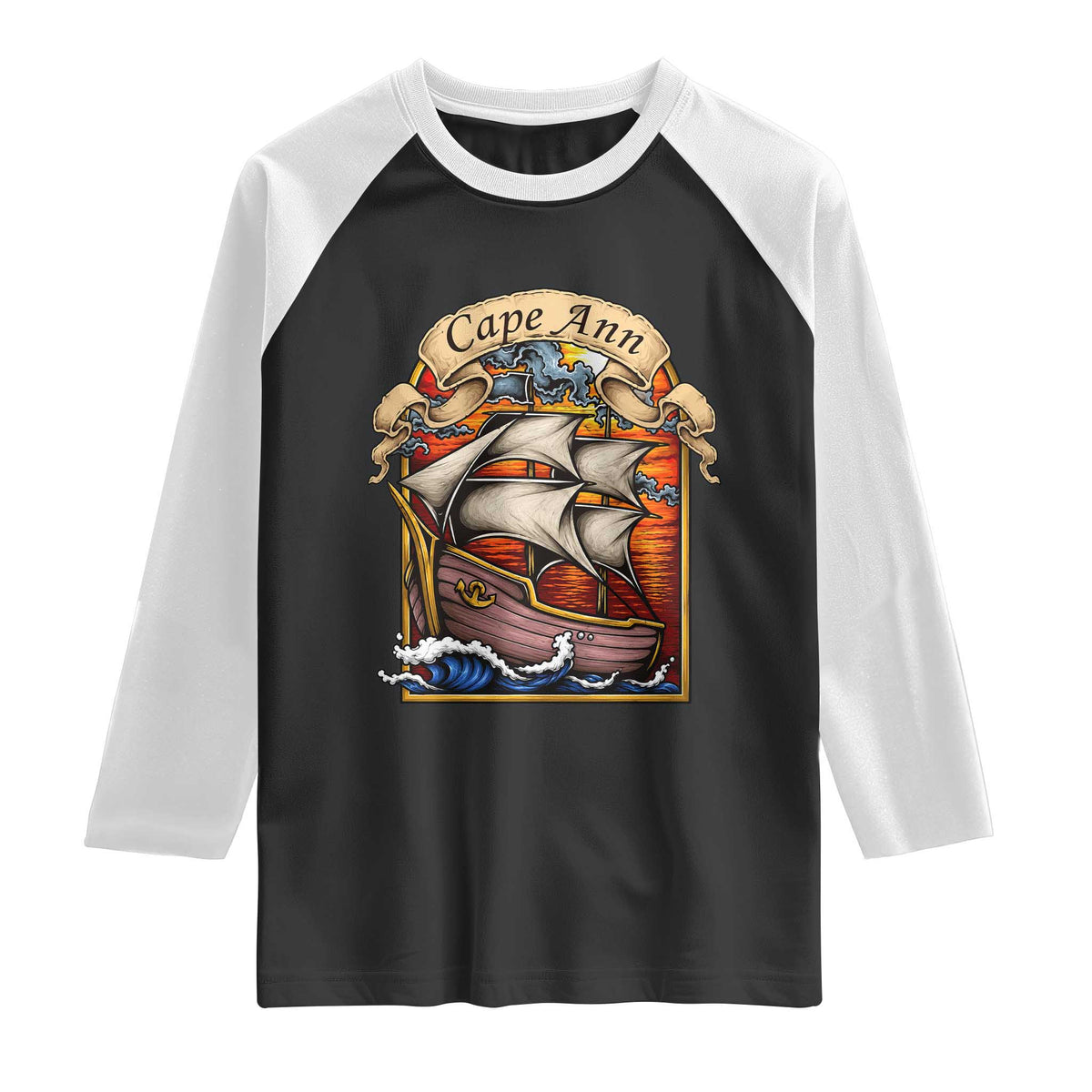 Cape Ann Vintage Nautical Sailing Ship Graphic Raglan Shirt Retro Stained Glass Window Style Ocean Sunset Tall Ship