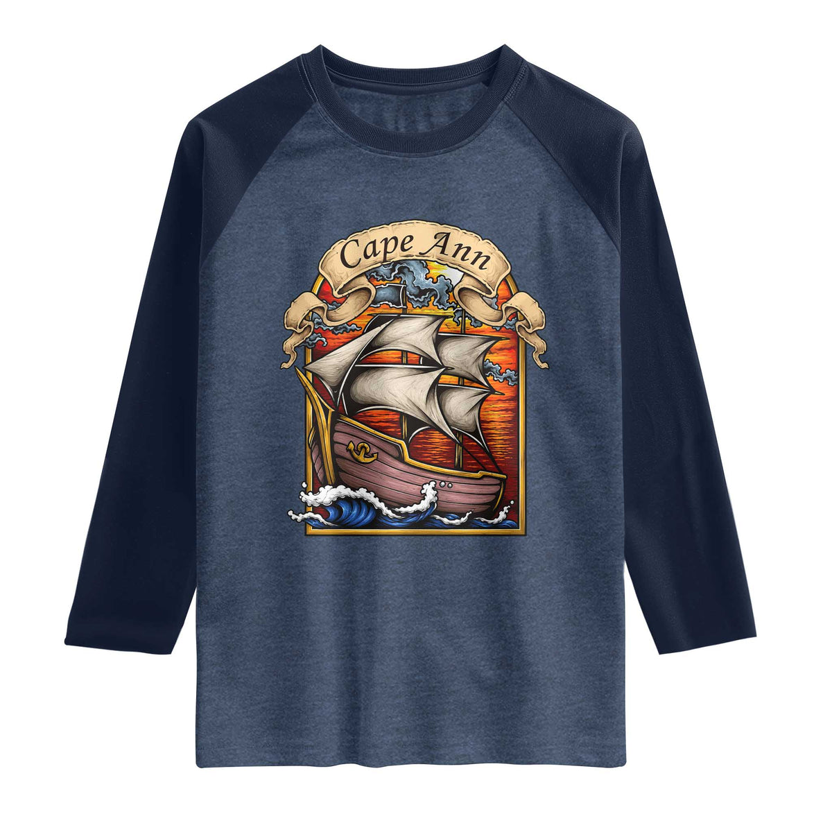 Cape Ann Vintage Nautical Sailing Ship Graphic Raglan Shirt Retro Stained Glass Window Style Ocean Sunset Tall Ship