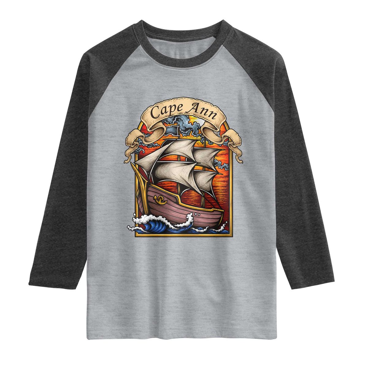 Cape Ann Vintage Nautical Sailing Ship Graphic Raglan Shirt Retro Stained Glass Window Style Ocean Sunset Tall Ship